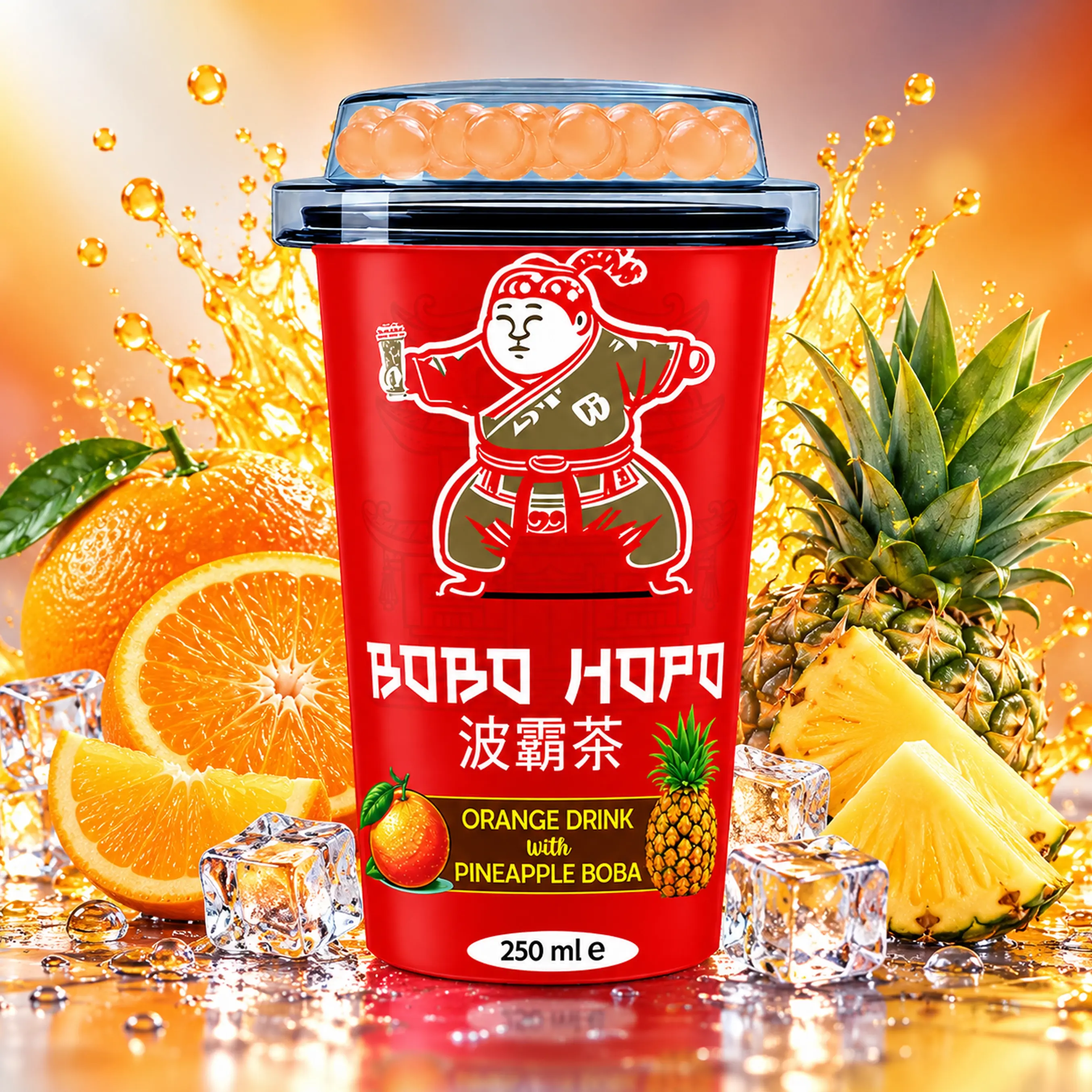 Bobo Hopo Orange Drink with Pineapple Boba 250 ml cup with orange, pineapple, ice, and boba pearls.